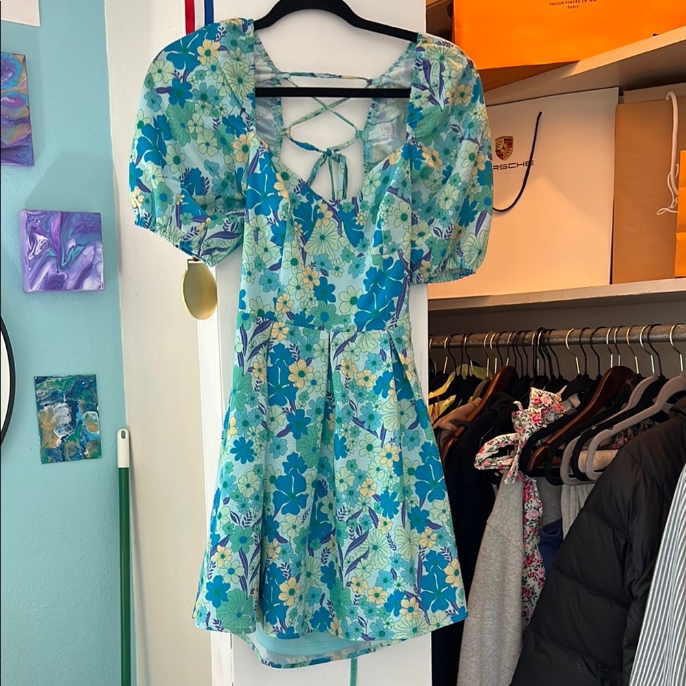 Sumer J Robert’s Floral Blue and Green Dress with Puff Sleeves